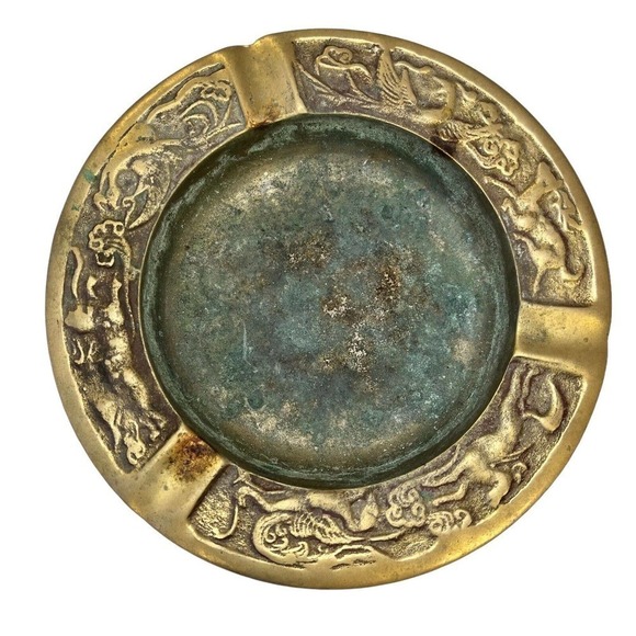 Vintage Brass Ashtray Phoenix Birds 5" Unusual Serpent Animals Deer Korea - Picture 1 of 8